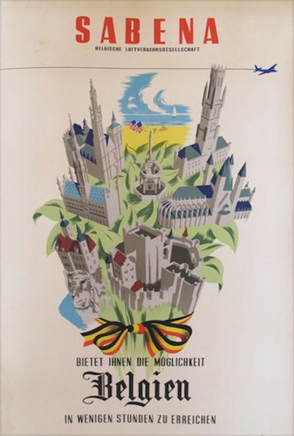 1940s Original Belgian Travel Poster, Sabena Airlines