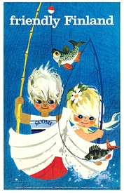Friendly Finland Vintage Travel Poster by Anneli Överlander – Children Fishing