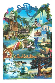 Original travel poster: San Diego (Home Federal), artist: Robert Kinyon, 24.25" x 38", 1974; origina