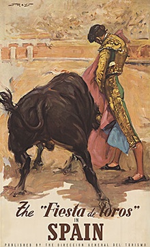Original “Fiesta de Toros in Spain” Vintage Spanish Travel Poster – Dramatic Bullfighting Artwork