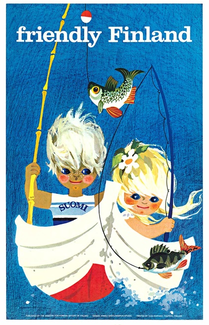 Friendly Finland Vintage Travel Poster by Anneli Överlander – Children Fishing