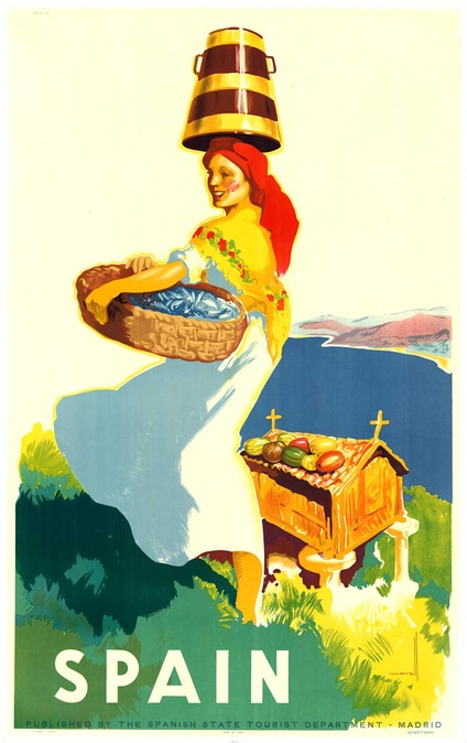 Original 1930s Spain Travel Poster by Jose Morell – Vintage Spanish Rural Scene Lithograph, Linen Ba