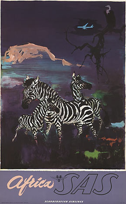Original SAS Africa Zebras Vintage Travel Poster – Otto Nielsen Scandinavian Airlines (1960s Jet Age