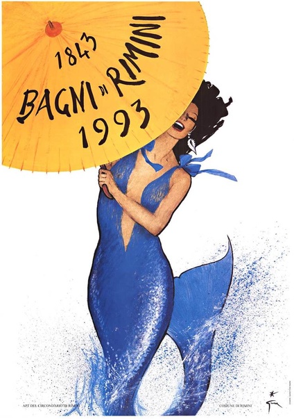 BAGNI DI RIMINI — Original Linen-Backed Vintage Travel Poster, René Gruau (150th Anniversary)