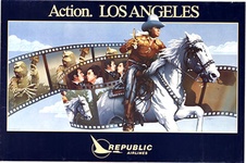 Original Republic Airlines "Action. LOS ANGELES" Travel Poster — Western Cowboy on White Horse — Vin