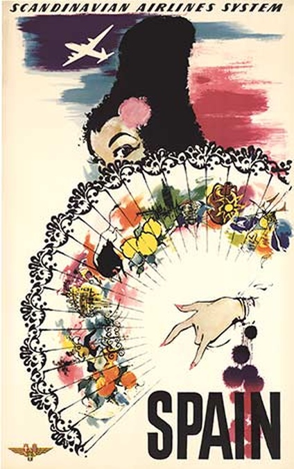 Original 1950s SAS Spain Vintage Travel Poster – Otto Nielsen Scandinavian Airlines System