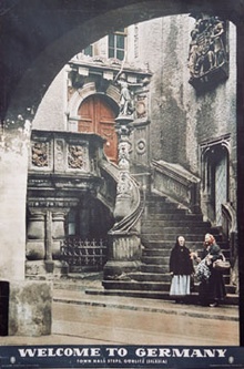 WELCOME TO GERMANY, scene at the Town Hall Steps, Gorlitz (Silesia). Now a part of Poland.
