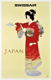 Japan – Swissair Original Vintage Travel Poster featuring Uemura Shoen’s “Jo no Mai”