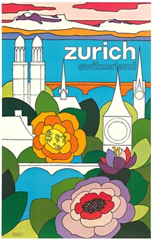 Original 1970s Zurich Switzerland Vintage Travel Poster — Angelica Grazioli Lithograph, Linen-Backed