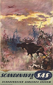 Original “Scandinavia by SAS” Moose Vintage Travel Poster – Otto Nielsen Scandinavian Airlines Syste