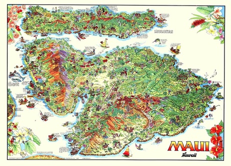 Maui, Hawaii — Kim Forrest, 1992 Illustrated Map Poster, Offset Lithograph