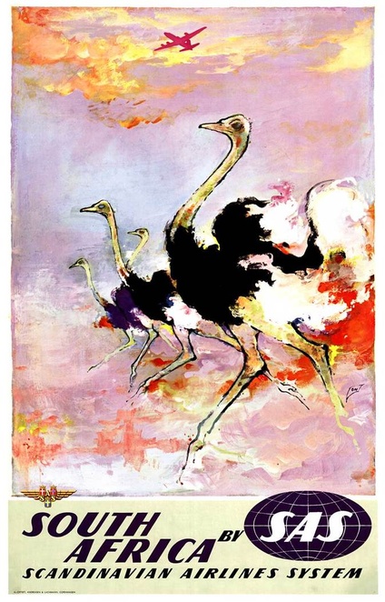 South Africa by SAS- Ostriches 1950s travel poster