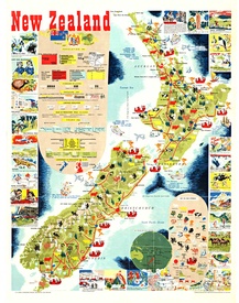 1962 New Zealand Vintage Map Poster – Linen-Backed Tourist Map by Mallitte