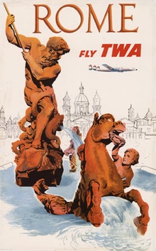 Original David Klein "ROME — Fly TWA" Linen-Backed Vintage Poster — Bernini Fountain