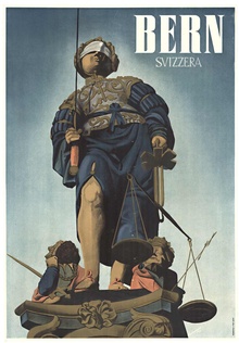 1941 Bern Switzerland Vintage Travel Poster – Leutenegger, Justice Fountain Svizzera Lithograph