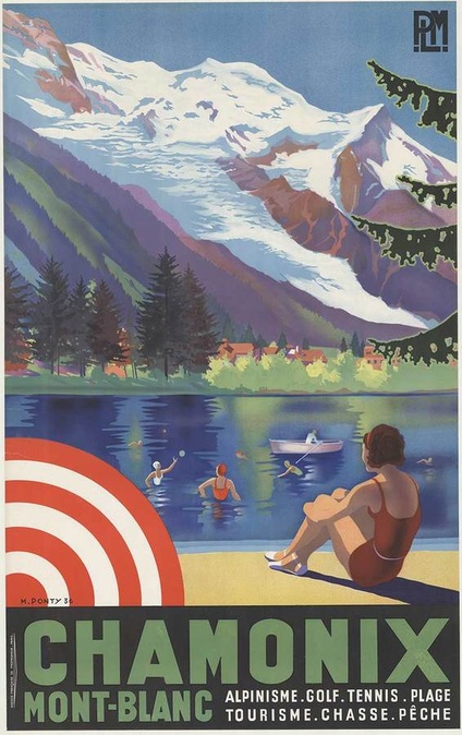 Chamonix Mont-Blanc PLM Vintage Travel Poster by Max Ponty – French Alps Lake Scene
