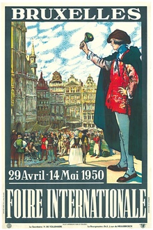 Original 1950 "Bruxelles Foire Internationale" mid-century modern travel poster