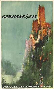 Germany by SAS Original Vintage Travel Poster – Otto Nielsen Castle Landscape with Prop Plane