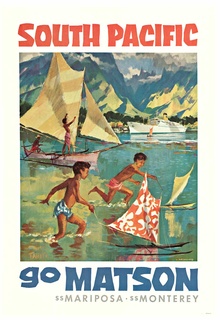 Original Tahiti Matson Line Vintage Travel Poster – South Pacific Cruise Ship Art, Linen-Backed