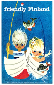Friendly Finland Vintage Travel Poster by Anneli Överlander – Children Fishing