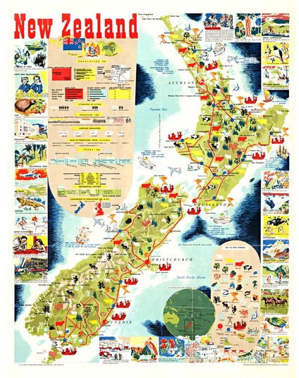 1962 New Zealand Vintage Map Poster – Linen-Backed Tourist Map by Mallitte