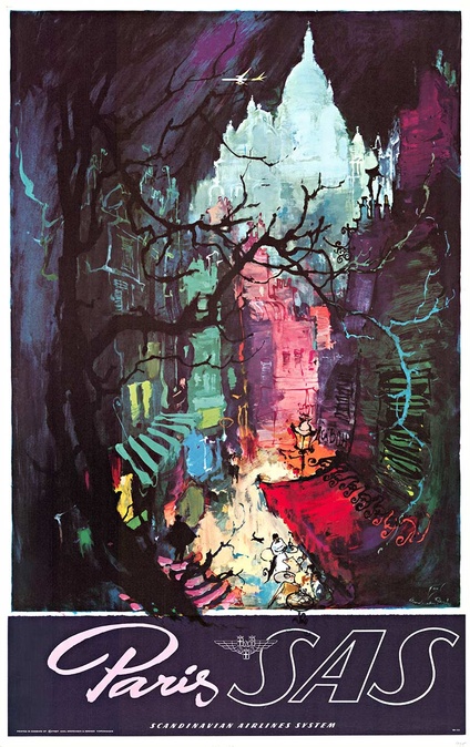 Original Paris SAS Vintage Travel Poster – Otto Nielsen Scandinavian Airlines System Montmartre (Sac