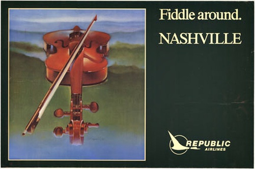 Original Republic Airlines "Fiddle around. NASHVILLE" — Violin Image Travel Poster — Original
