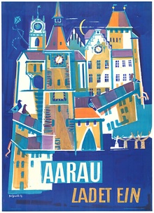 AARAU LADET EIN — Original Linen-Backed Vintage Travel Poster, Roland Guignand (1957)