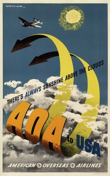 1948 AOA to USA Vintage Travel Poster – American Overseas Airlines, Lewitt-Him, Linen-Backed
AOA to