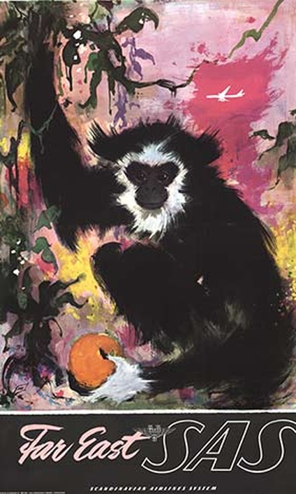 Far East SAS Original Vintage Travel Poster – Otto Nielsen Monkey Illustration, Scandinavian Airline