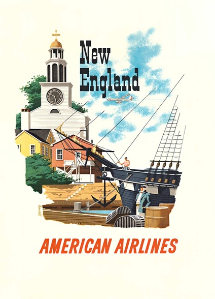 New England American Airlines - Bern HIll 1950s Vintage Travel Poster - Linen-Backed