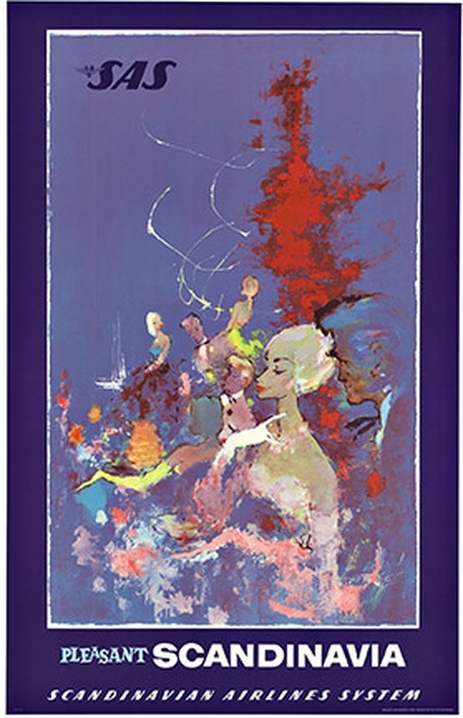 Original SAS Pleasant Scandinavia Vintage Travel Poster – Scandinavian Airlines Lithograph