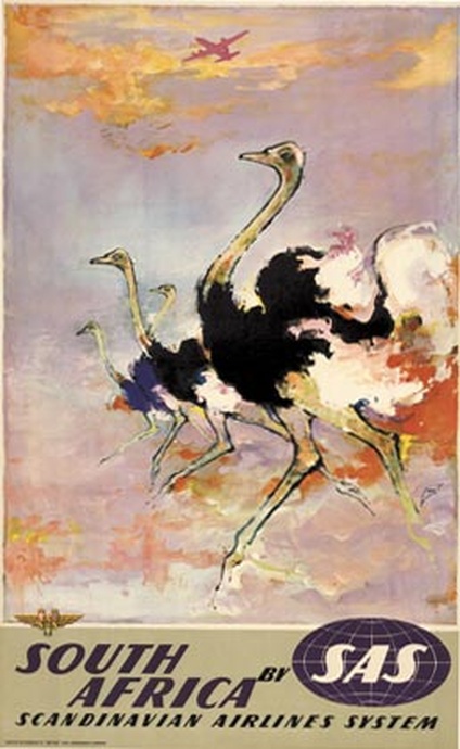 Original SAS Africa Ostriches Vintage Travel Poster – Otto Nielsen Scandinavian Airlines System