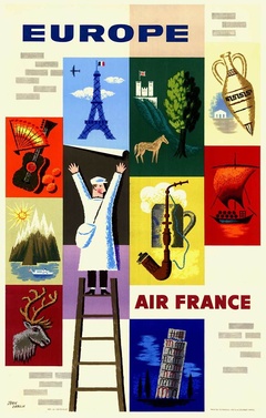 Air France Europe 1957 Linen Backed Lithograph