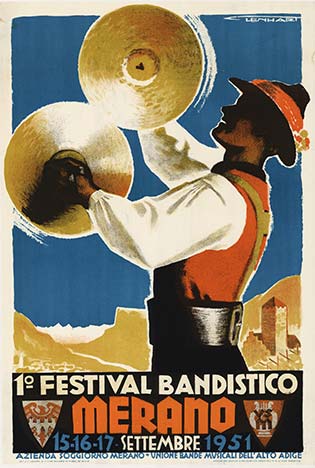 1951 Merano Festival Bandistico Vintage Italian Poster – Franz Lenhart Music Festival Lithograph