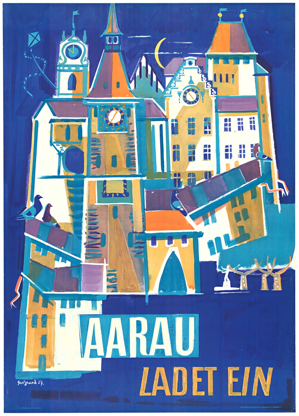AARAU LADET EIN — Original Linen-Backed Vintage Travel Poster, Roland Guignand (1957)