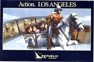 Original Republic Airlines "Action. LOS ANGELES" Travel Poster — Western Cowboy on White Horse — Vin