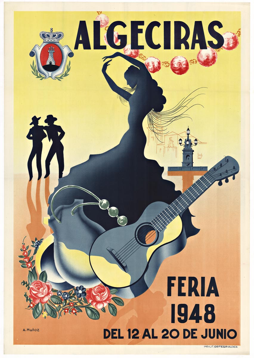 Original 1948 Algeciras Feria Poster – A. Muñoz Spanish Flamenco Festival Vintage Travel Lithograph