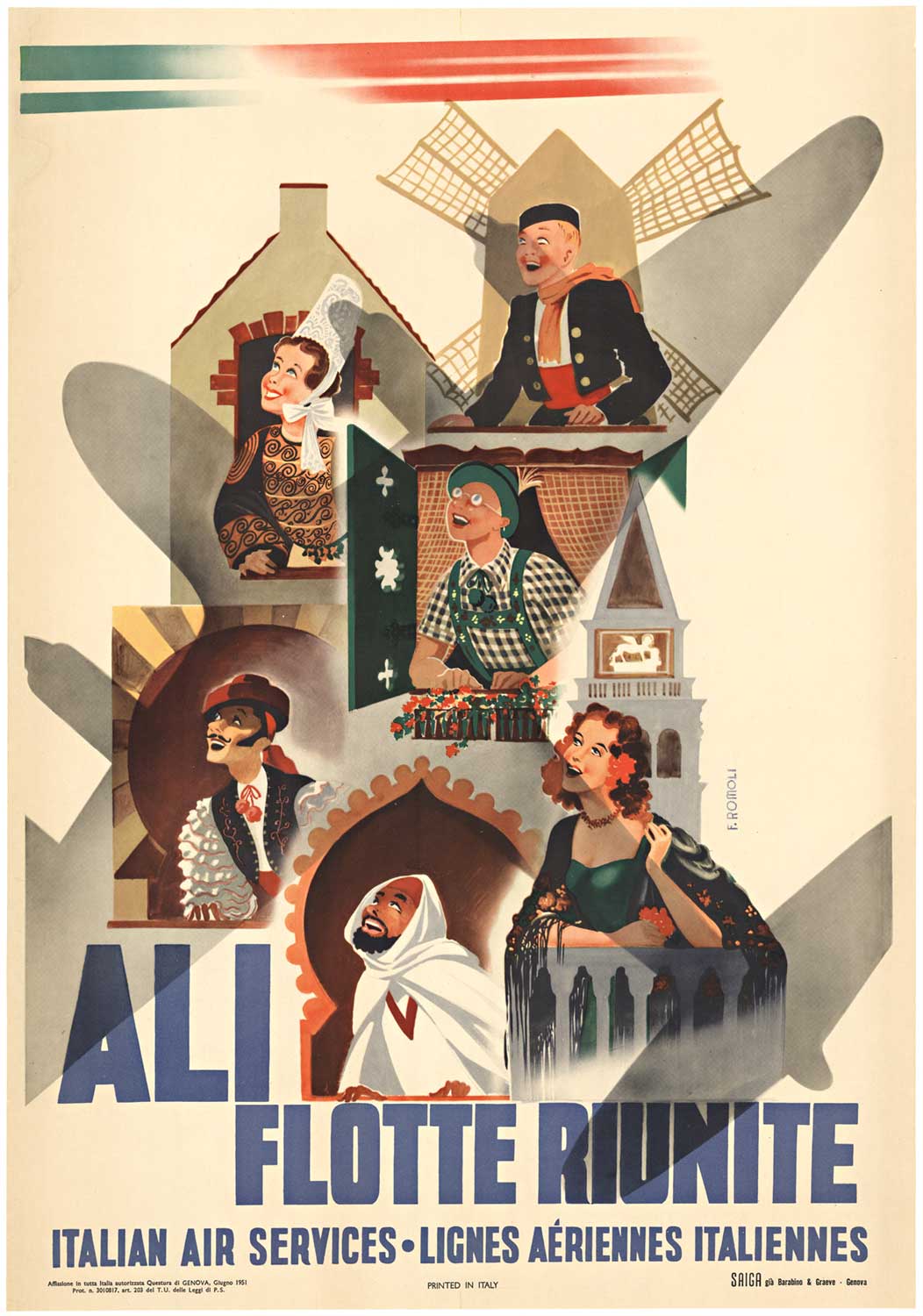 ALI – Flotte Riunite | 1951 F. Romoli Original Italian Airline Travel Poster