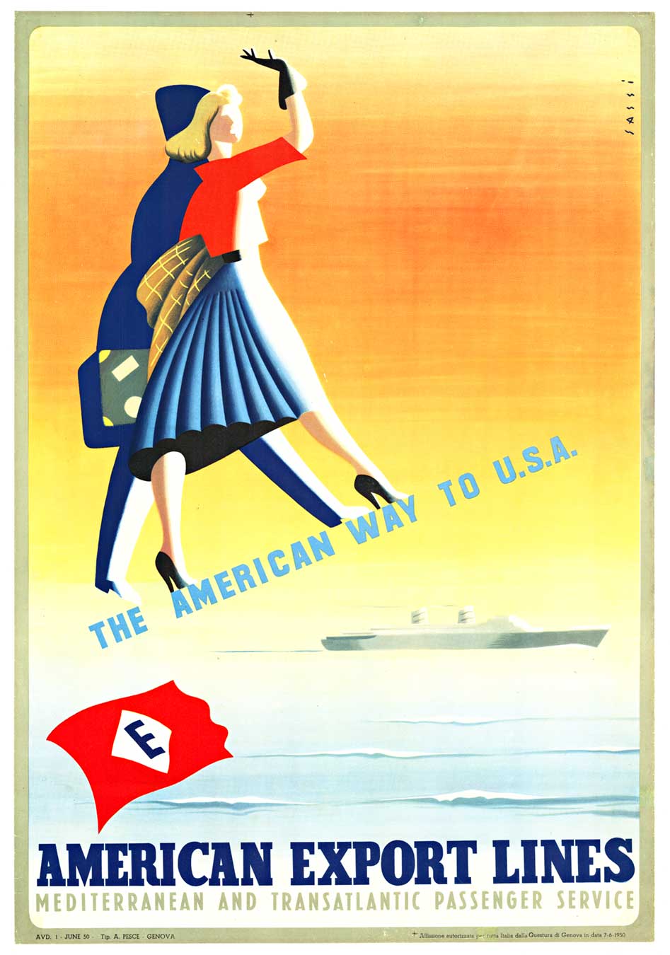 American Export Lines – The American Way to U.S.A. | Aldo Sassi Original Vintage Travel Poster