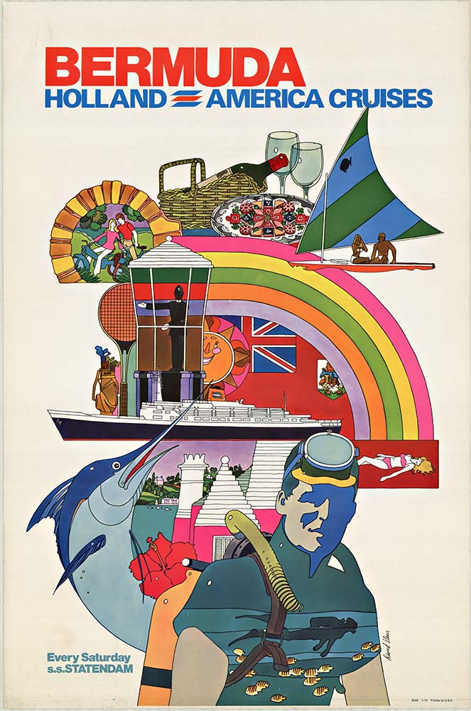 David Klein “Holland-America Cruises — Bermuda (1972)” — Original Vintage Cruise Poster