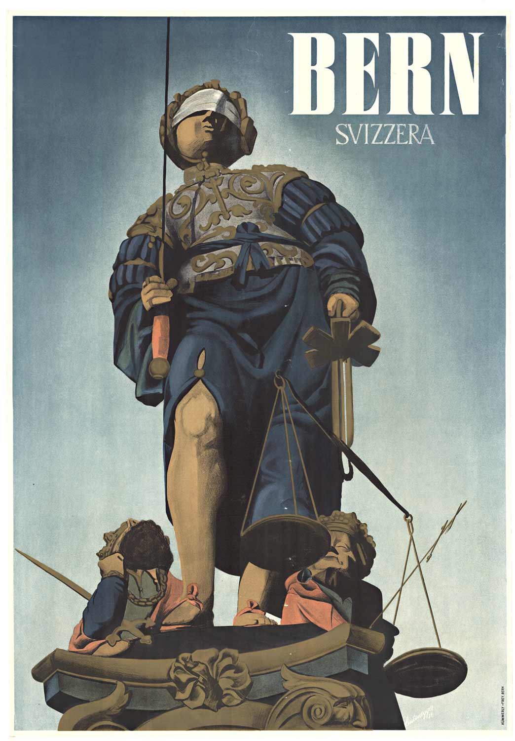 1941 Bern Switzerland Vintage Travel Poster – Leutenegger, Justice Fountain Svizzera Lithograph