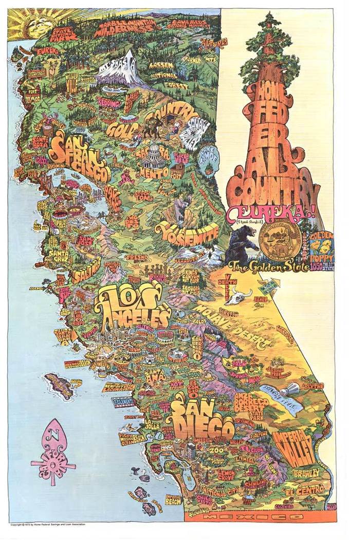 1973 California Fun Map Vintage Poster – Darrel Millsap Illustrated California Travel Map