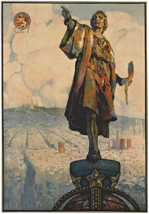 Original Christopher Columbus in Barcelona — vintage lithograph (small format), linen-backed