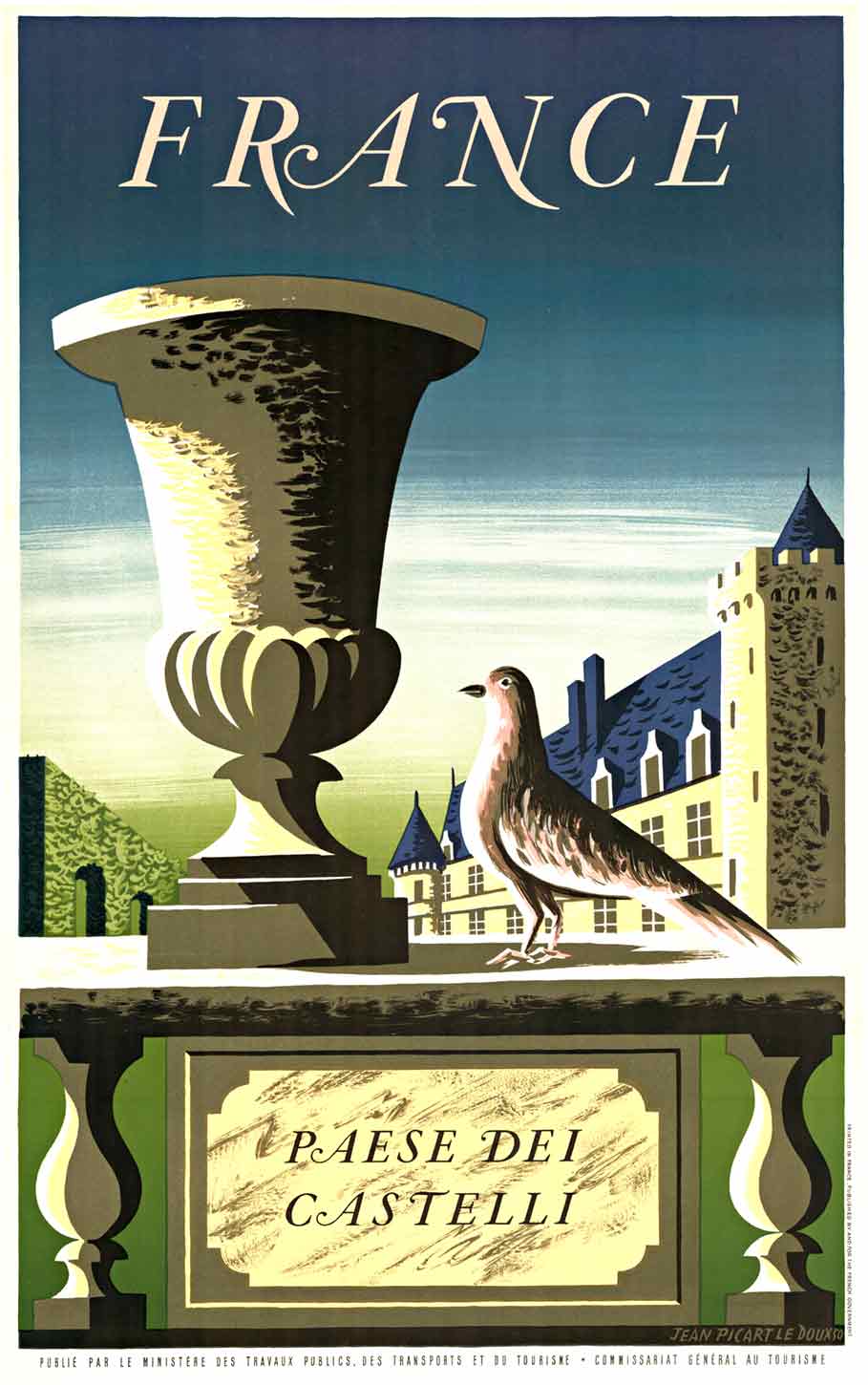 1950 France “Paese dei Castelli” Vintage Travel Poster – Jean Picart Le Doux Linen-Backed Lithograph