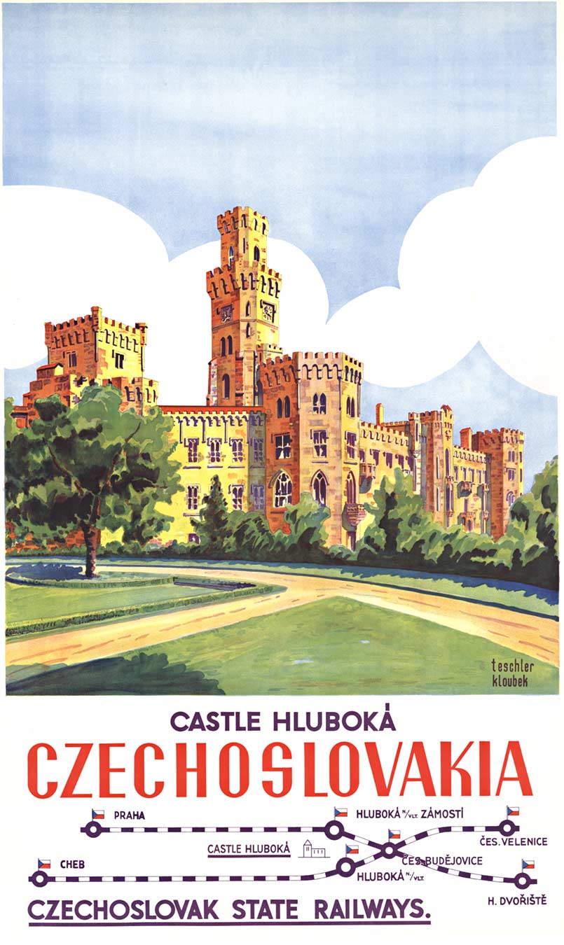 Original Castle Hluboká, Czechoslovakia Vintage Poster – Czechoslovak State Railways Lithograph, Lin