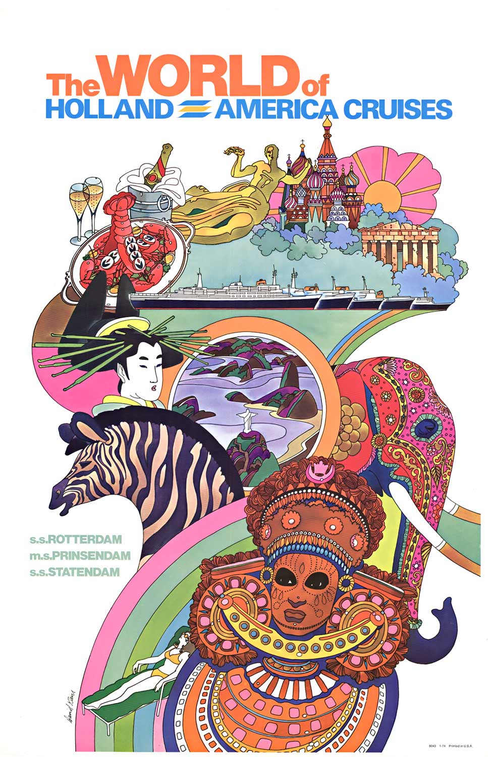 Original David Klein Poster – The World of Holland America Cruises Lithograph, Rare Vintage,